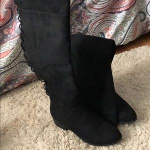 Thigh high lace up faux suede black boots